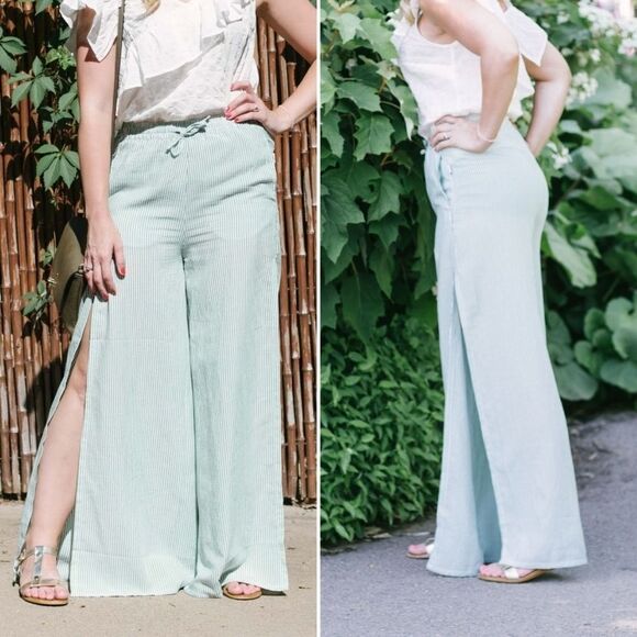 ONIA Green Striped High Slit Wide Leg Pants L - Picture 2 of 9